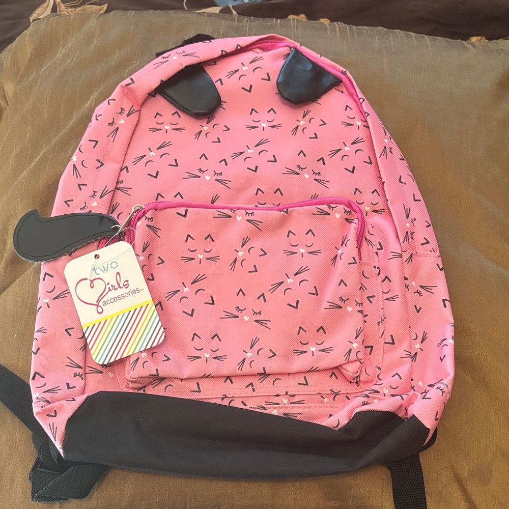 Two Girls Pink and Black Cat Print Backpack